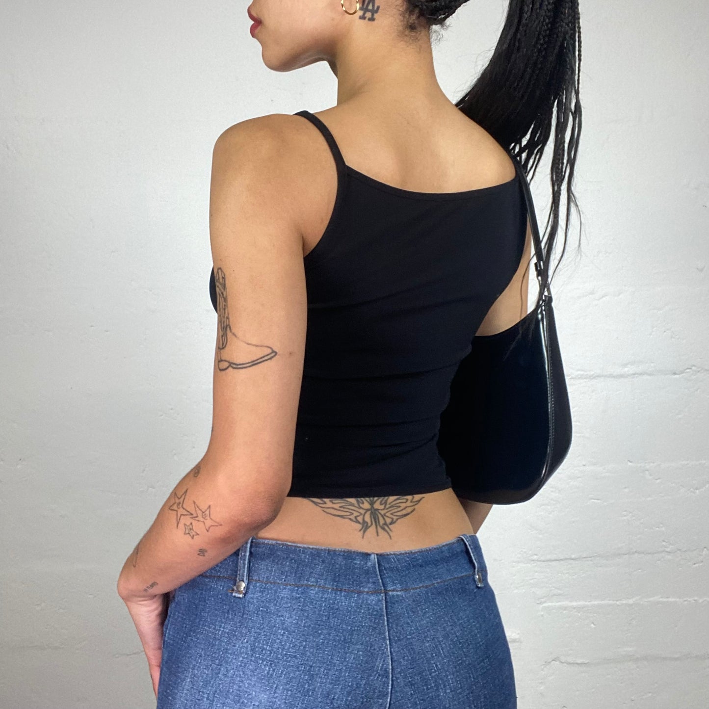 Vintage 2000's Clubwear Black Cropped Cami Draped Neck Top with Glitter Silver Print (S)