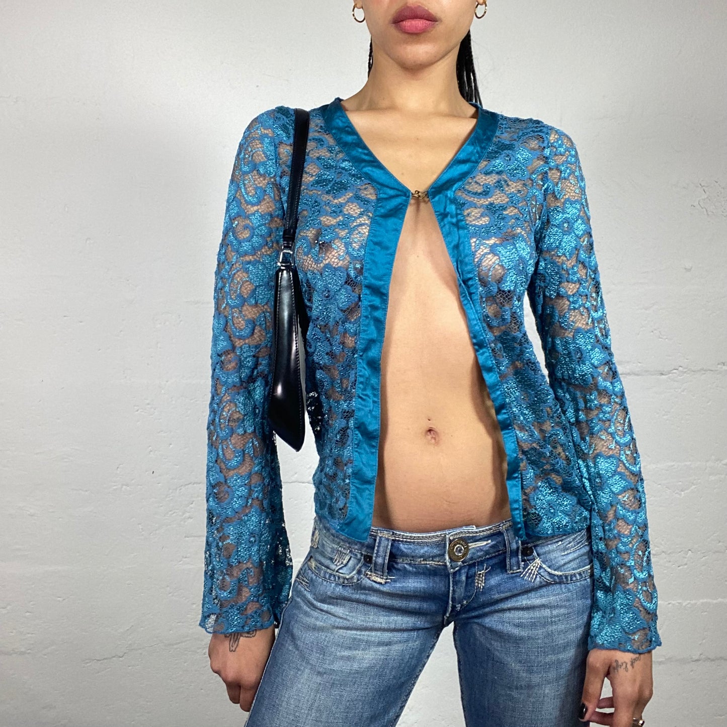 Vintage 2000's Romantic Blue Shimmer Lace and Satin Longsleeve Bolero Top (S)