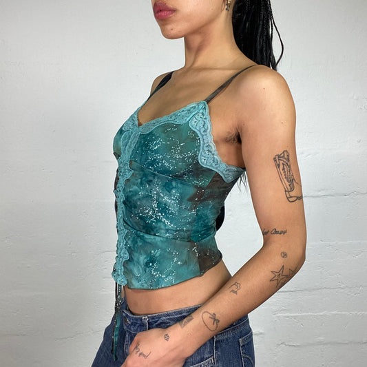 Vintage 2000's Mermaid Style Aquamarine Tie Dye Textured Cami Top with Glitter Print and Lace Details (S)
