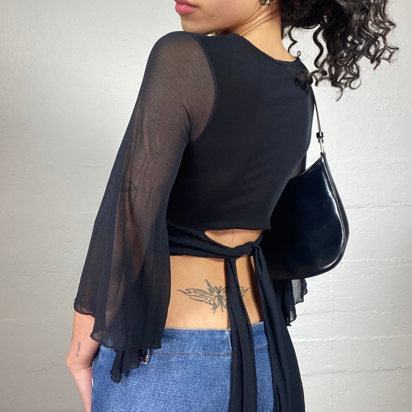 Vintage 2000's Black Cropped Chiffon V-Chest Cut Top with 2/4 Flared Sleeves and Back Ribbon Detail (S)