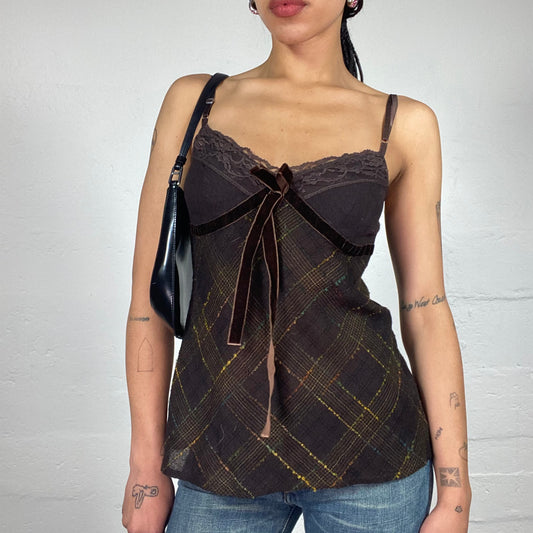 Vintage 2000's Soft Girl Brown Checkered Long Cami Top with Velour Ribbon Detail (S)