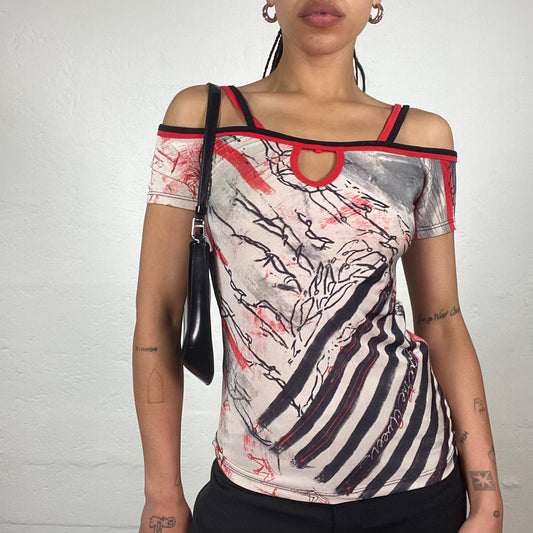 Vintage 2000’s Save the Queen Downtown Girl Beige Multiprinted Off Shoulder Cami Top with Red Accents (L)