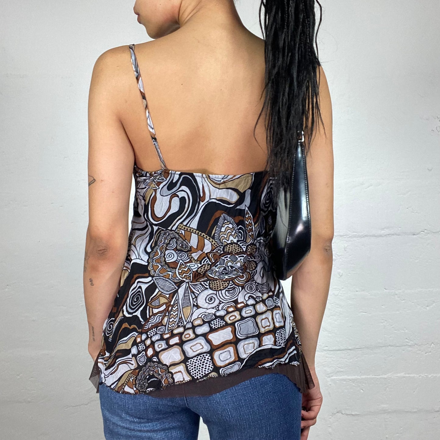Vintage 2000's Romantic Brown and Light Blue Boho Style Printed Draped Cami Top with Lace Decoration (M)