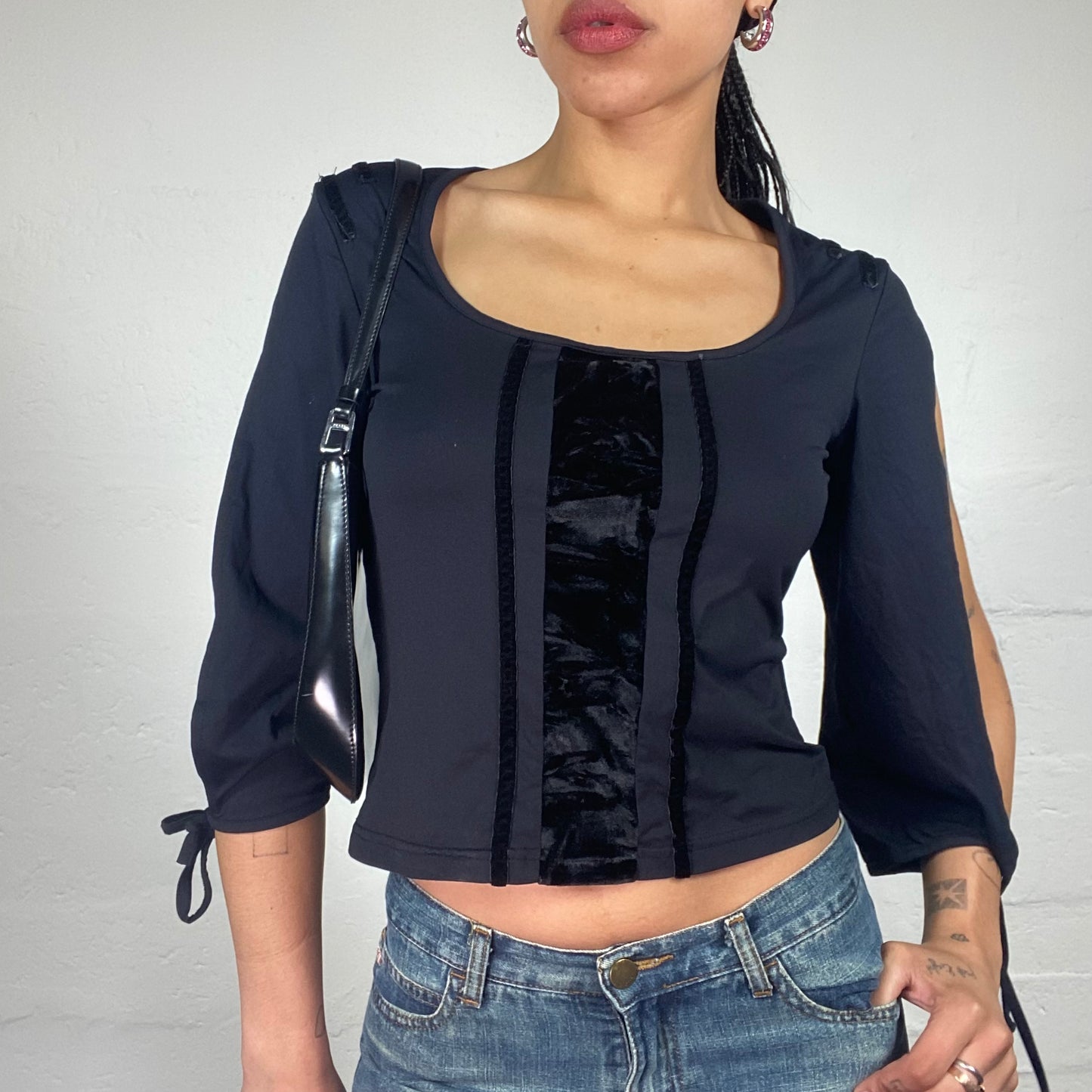 Vintage 2000's Downtown Girl Black 2/4 Sleeve Velour Stripes with Cut Sleeves (M)