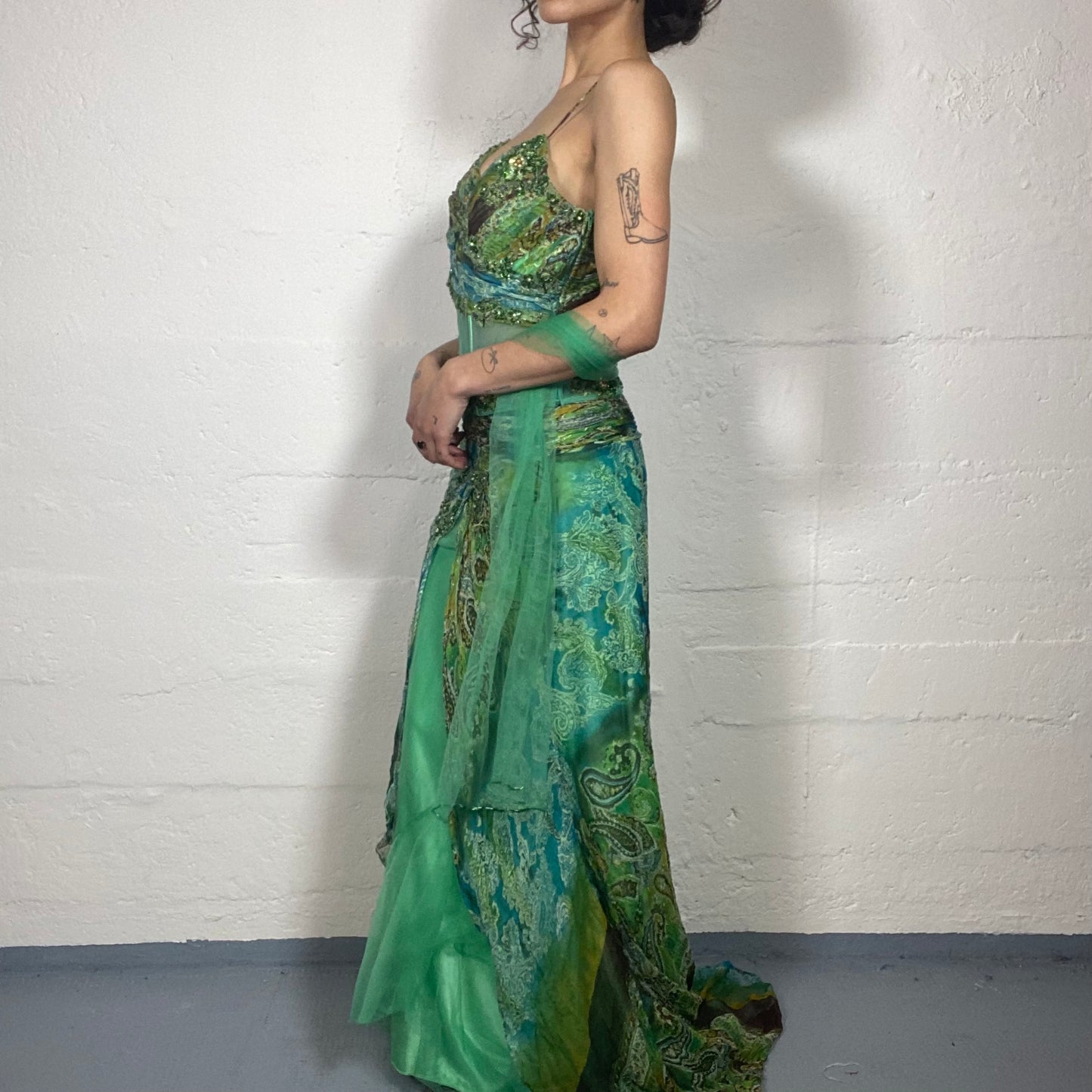 Vintage 2000's Princess Style Maxi Green Printed Silky Shiffon Cami Dress with Sequins Decorations (M)