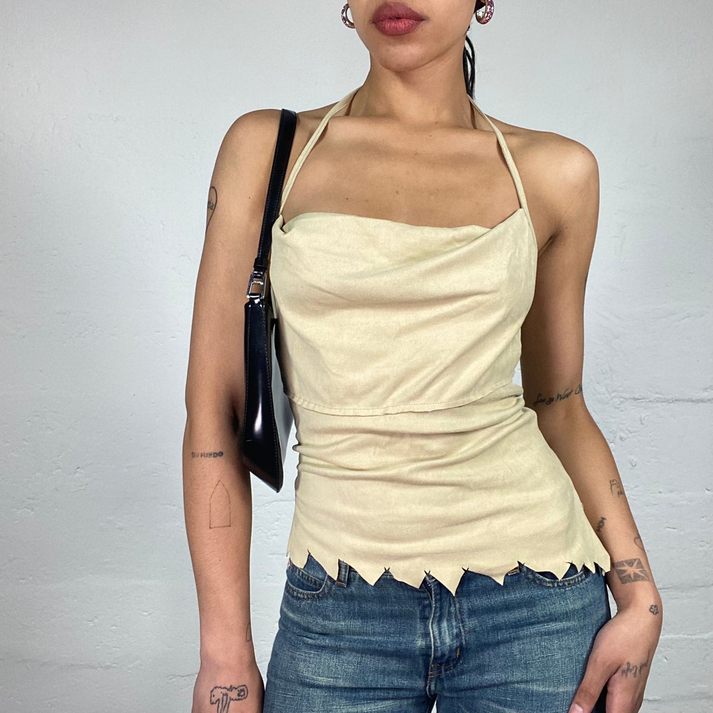 Vintage 2000's Soft Girl Draped Cream Neckholder Top with Geometric Cut Trim (S)