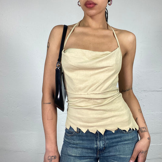 Vintage 2000's Soft Girl Draped Cream Neckholder Top with Geometric Cut Trim (S)