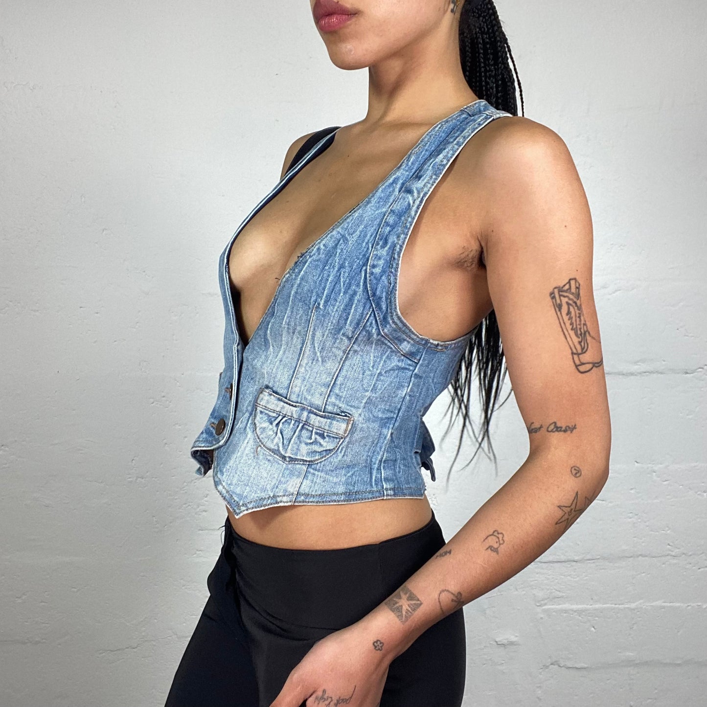 Vintage 2000's Xtina Washed Out Blue Denim Button Up Vest Top (S)