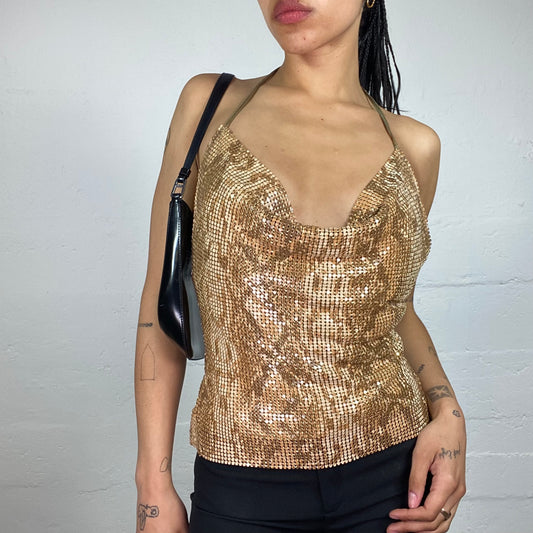 Vintage 2000's Morgan Glamorous Clubwear Golf Metal Net Shiny Draped Snake Skin Effect Neckholder Top with Open Back (S)