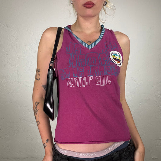 Vintage 2000's Surfer Girl Purple V-Neck Longsleeve Top with Writing Print (L)