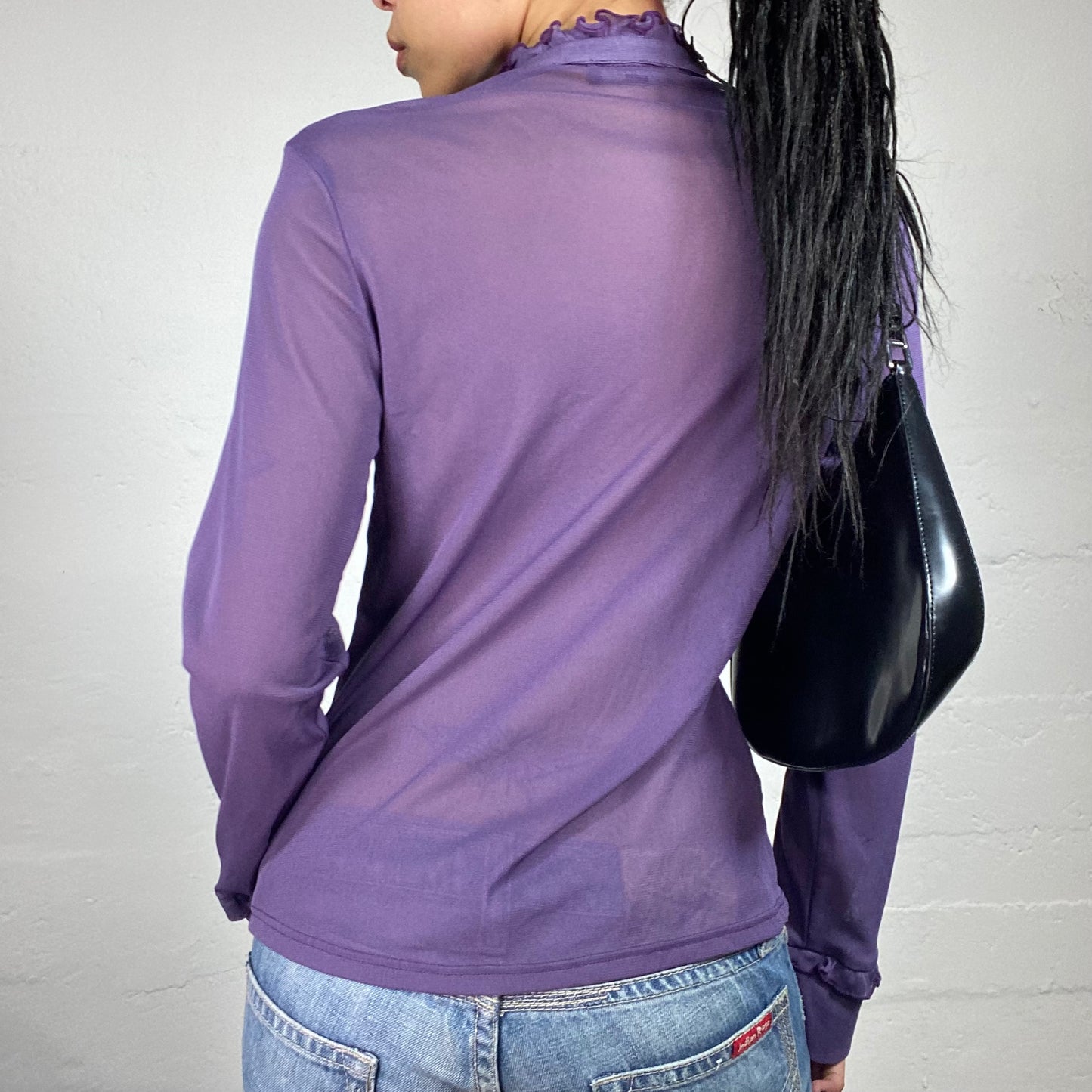 Vintage 2000's Romantic Purple Chiffon See Through Longsleeve Button Up Shirt With Ruffled Details (S)
