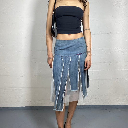 Vintage 2000's Downtown Girl Light Denim Cut Open Trim Midi Skirt (M)