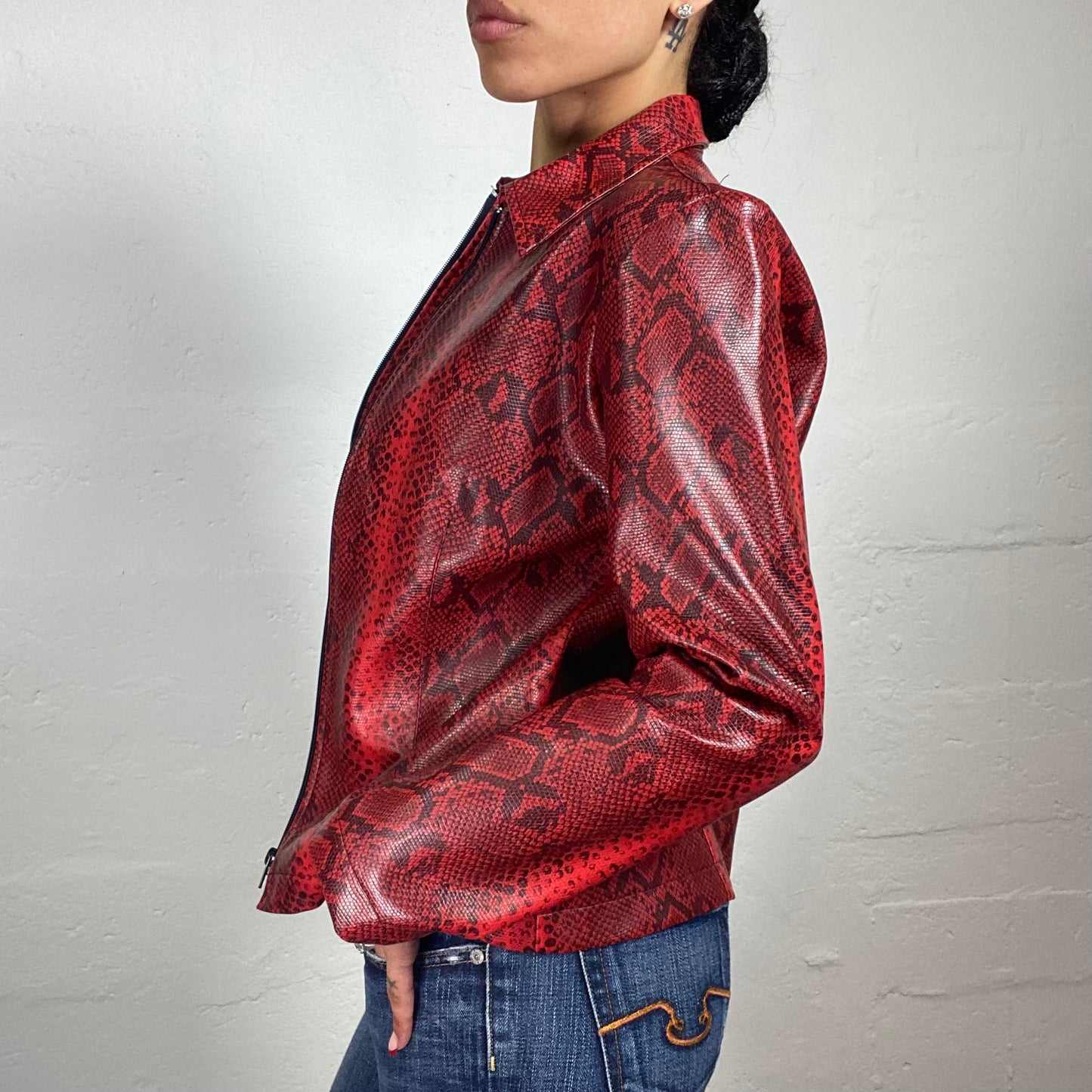 Vintage 2000's Downtown Girl Blood Red Snake Skin Effect Zip Up Jacket (L)