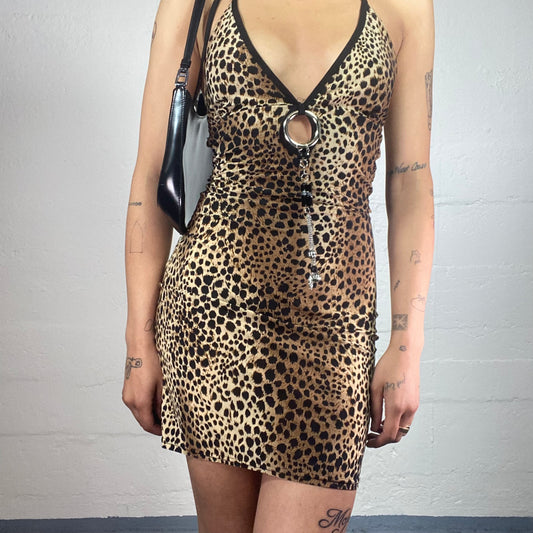 Vintage 2000's Glamorous Clubwear Brown Toned Animal Printed Mini Neckholder Dress with Metal Jewelry Ring Detail (S)