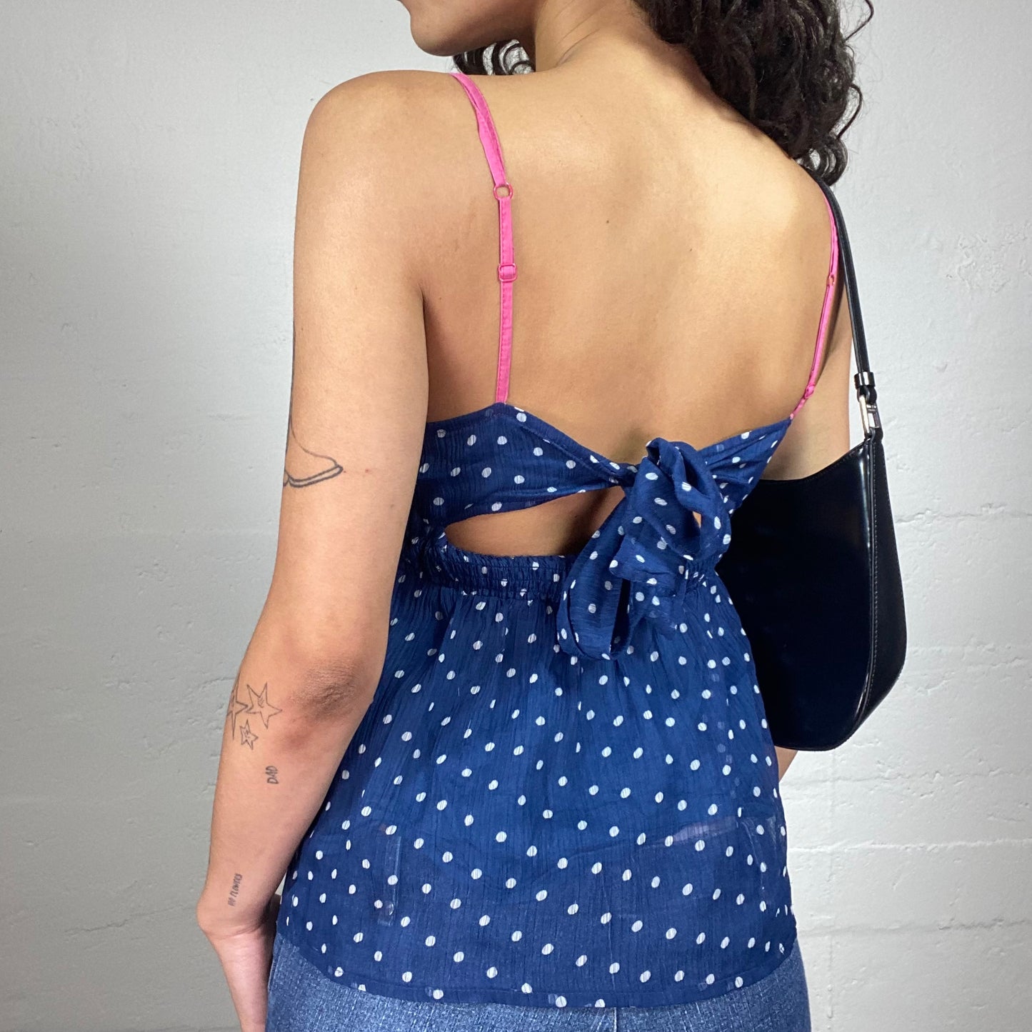 Vintage 2000's Country Girl Summer Blue Chiffon Doll Fit Polka Dot Cami Top with Pink Accents and Back Ribbon (S)