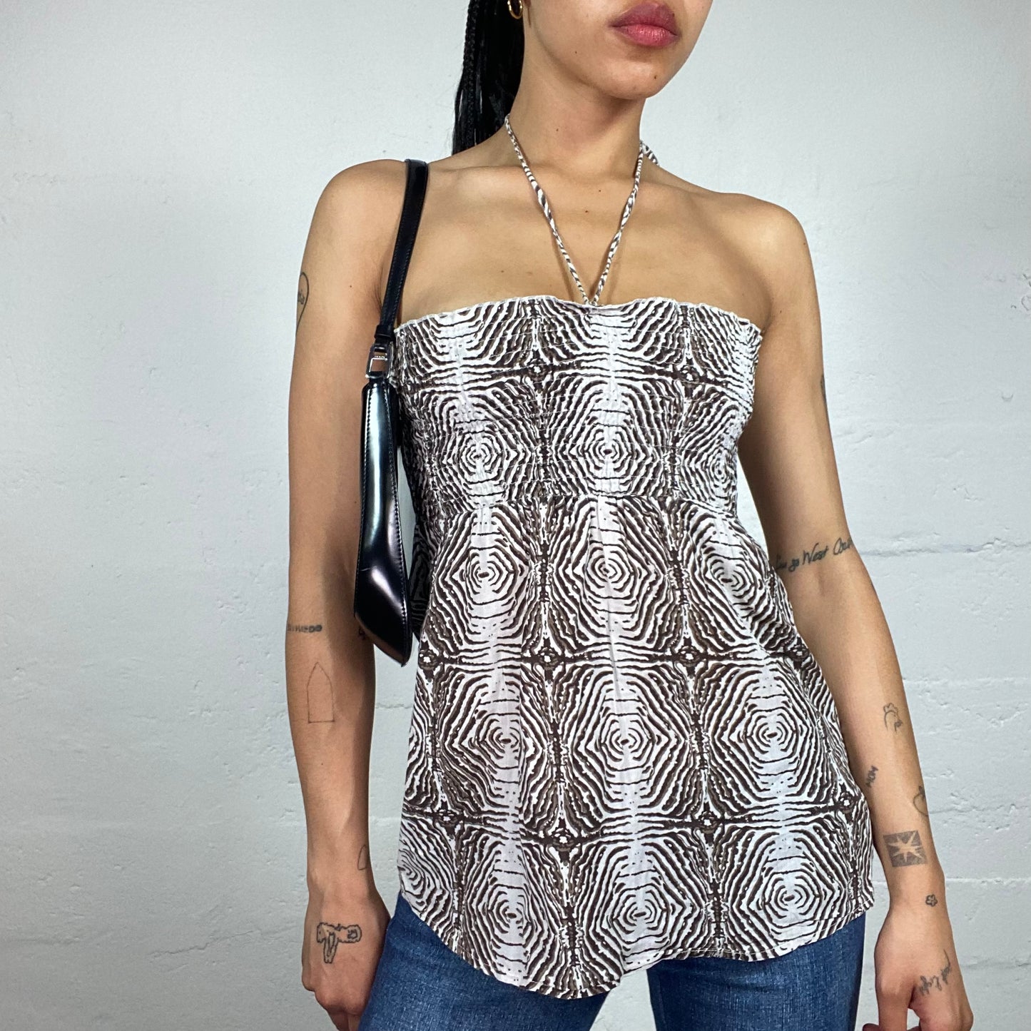 Vintage 2000's Boho Girl Tube Cut White and Brown Printed Doll Neckholder Top (S)