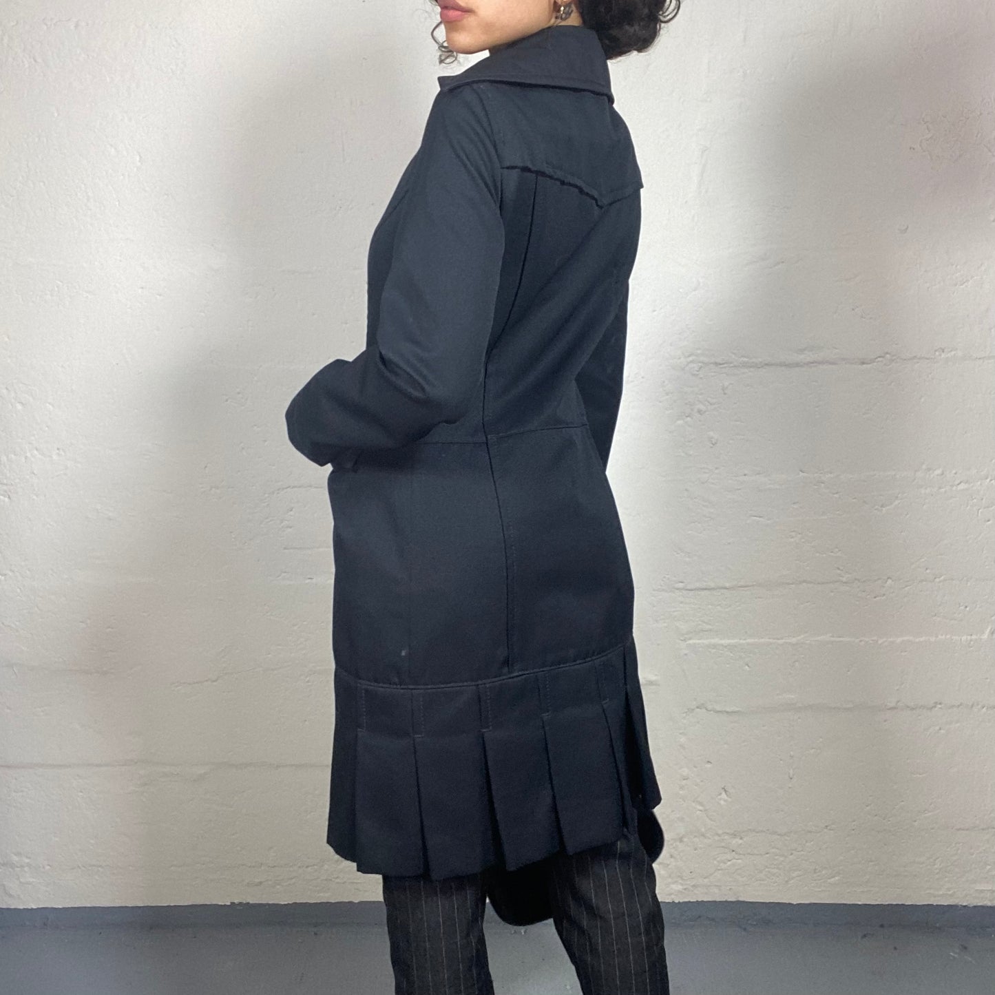 Vintage 2000's Miss Sixty Rainy Day Black Side Closing Midi Length Coat with Pleated Bottom Detail (L)