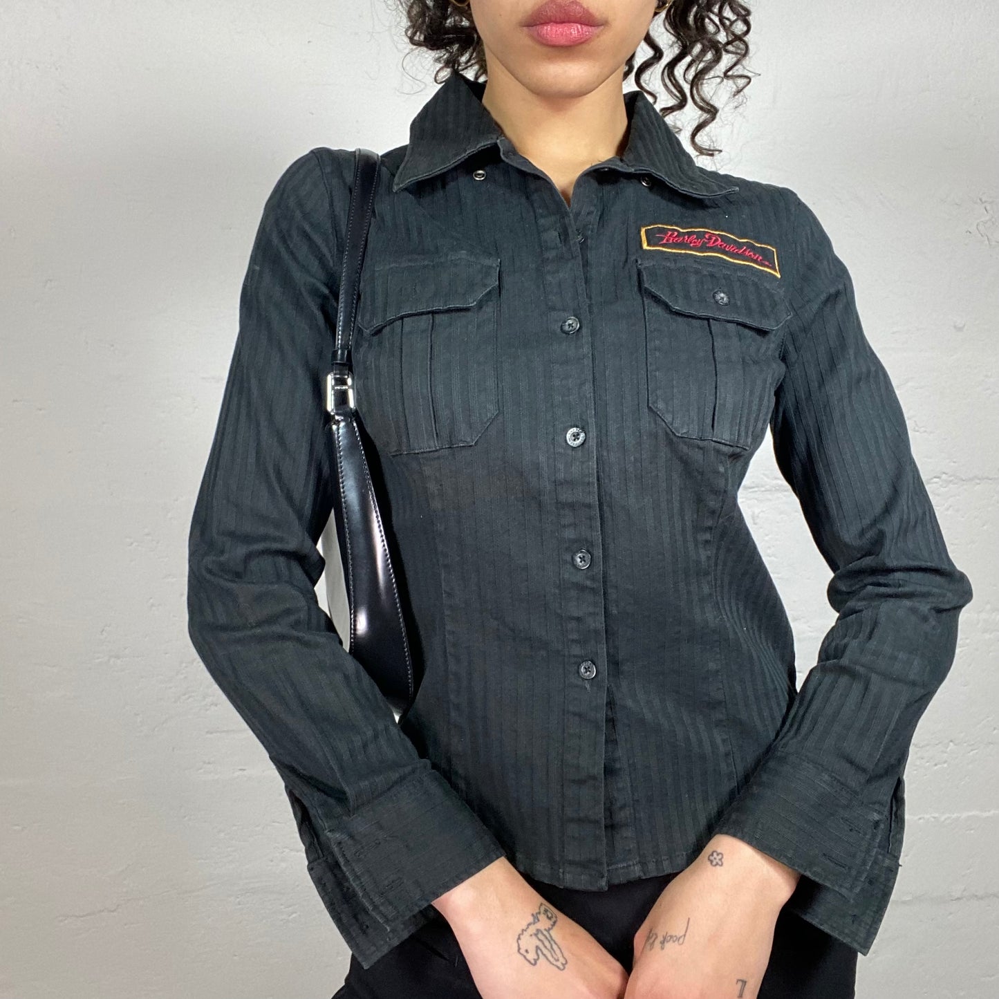 Vintage 2000's Harley Davidson Biker Girl Button Up Shirt with Back Logo Print (S)