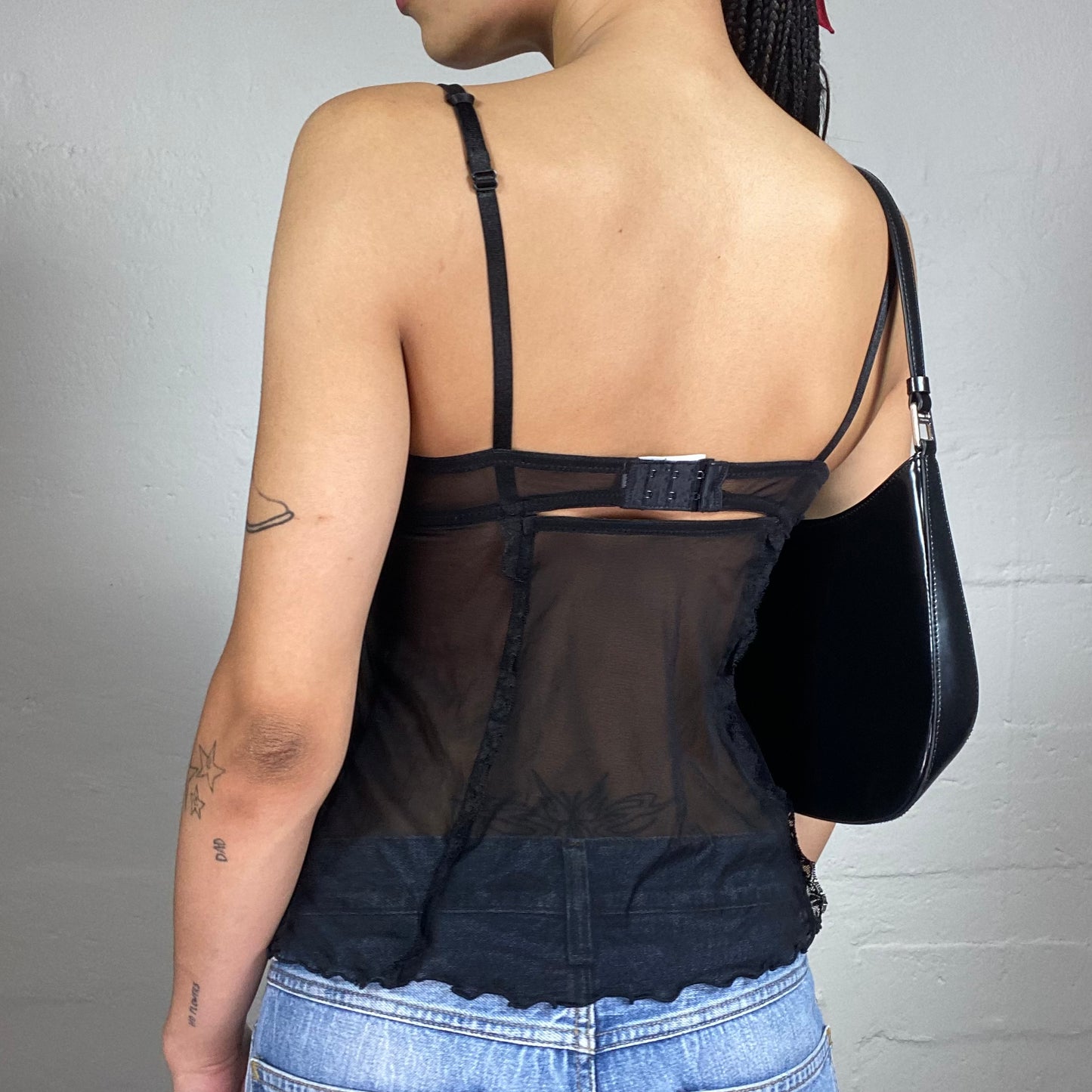Vintage 2000's Romantic Black Lingerie Style Corset Top with White Decorations (S)