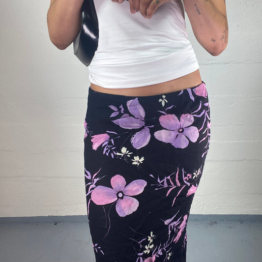 Vintage 2000's Romantic Black Chiffon Flowy Midi Skirt with Purple Floral Print (L)