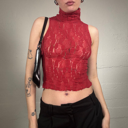 Vintage 2000's Romantic Red Lace Fabric Turtleneck Sleeveless Top (L)