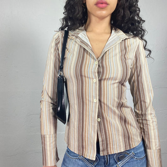 Vintage 2000's Office Girl Beige and Brown Striped Button Up Shirt (M)