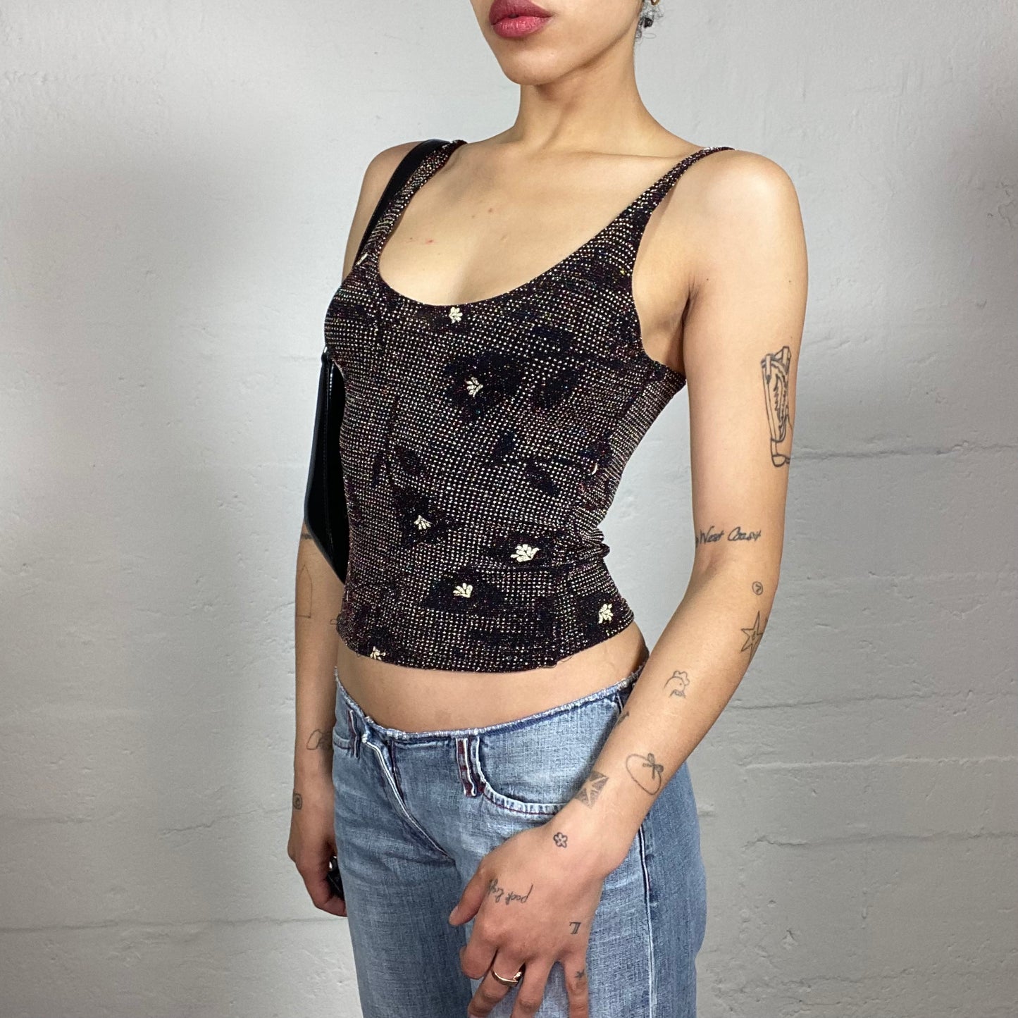 Vintage 2000's Glam Brown Rhinestone Covered Floral Pattern Tank Top (S)