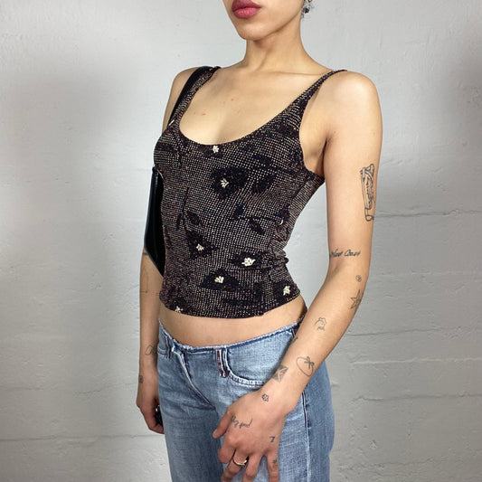 Vintage 2000's Glam Brown Rhinestone Covered Floral Pattern Tank Top (S)