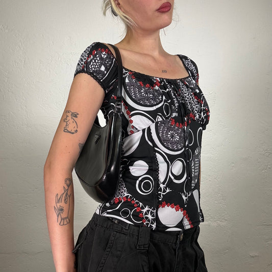 Vintage 2000's Downtown Girl Black and White Circle Print shirt with Red Flower Details (M)