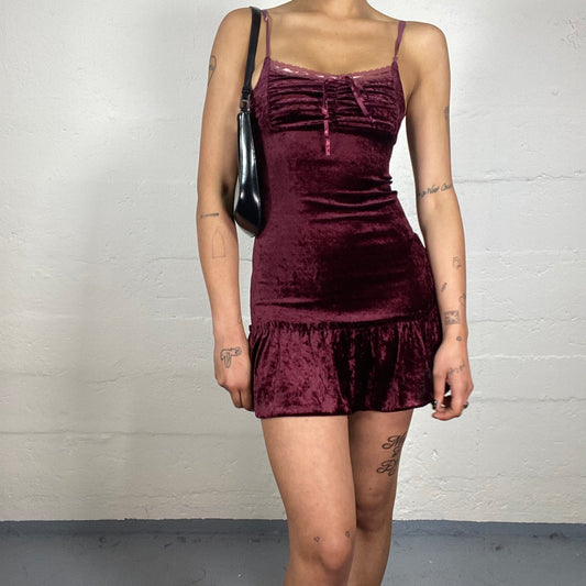 Vintage 2000's Friday Night Out Burgundy Mini Velour Cami Dress with Ruffled Skirt (S)