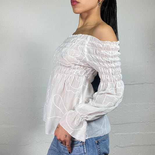 Vintage 2000's Romantic White Chiffon Ruffled Longsleeve Off Shoulder Blouse (S)