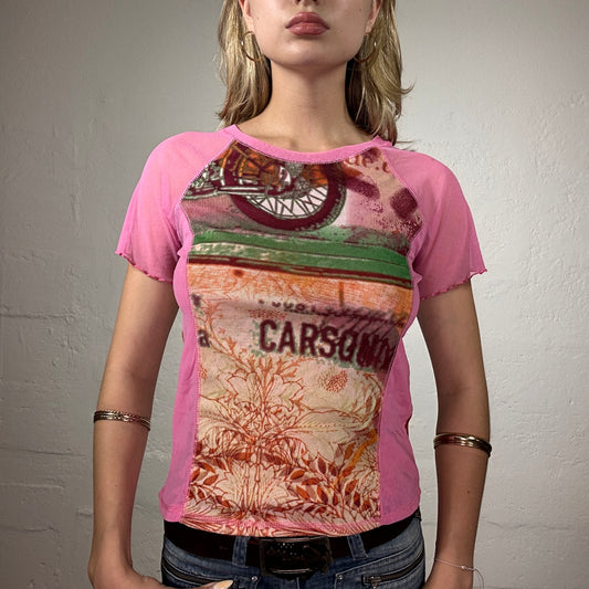 Vintage 2000's Cute Summer Pink Mesh Baby Tee with Brown/Orange Toned Abstract Print (M)