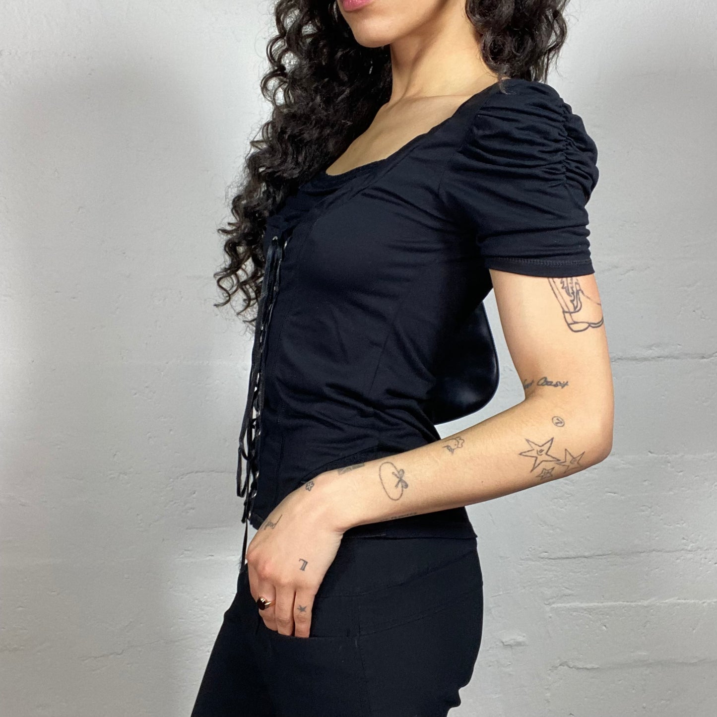 Vintage 2000's Gothic Corset Style Lace Up Shortsleeved Black Top (S)