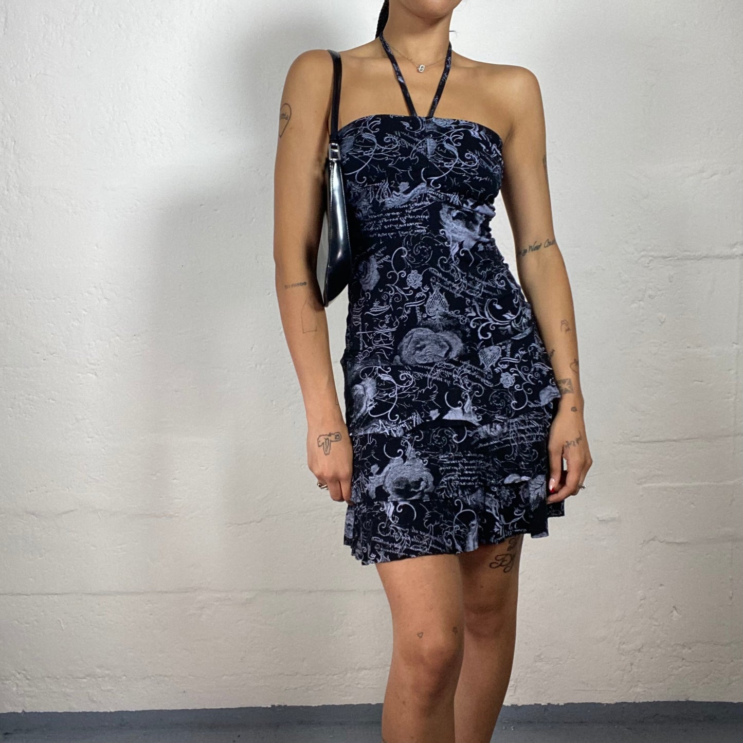 Vintage 2000's Romantic Navy Blue Mini Neckholder Dress with Vintage Loveletter Style Print (M)