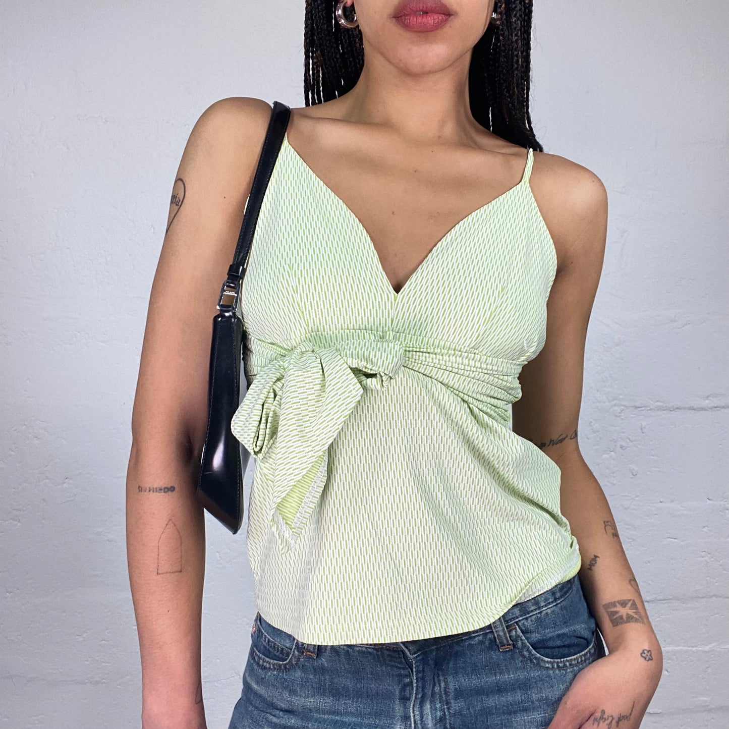 Vintage 2000's Soft Girl Light Green Striped Cami Top with Ribbon Detail (S)