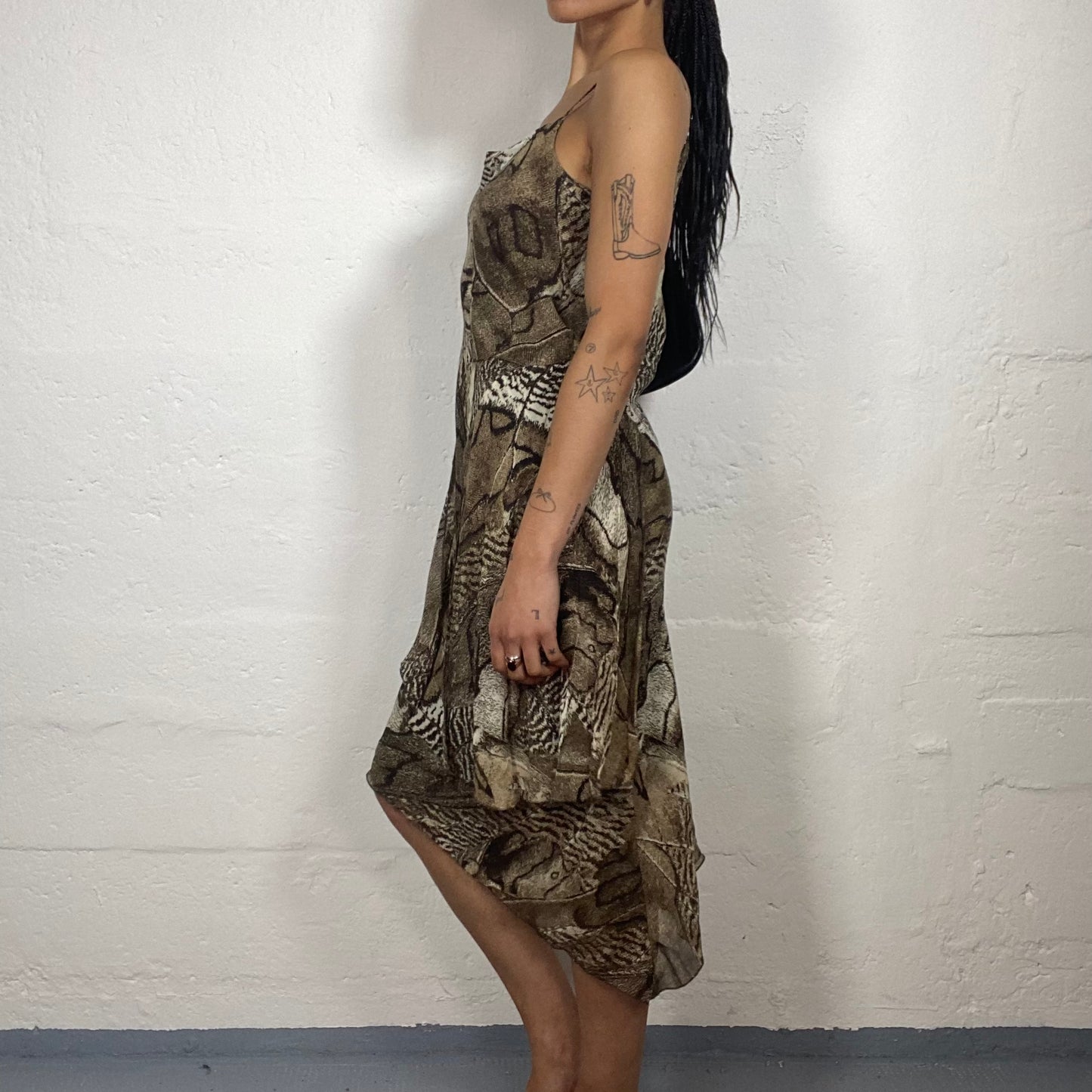 Vintage 2000’s Downtown Girl Brown Toned Midi Draped Layered Animal Print Cami Dress (M)