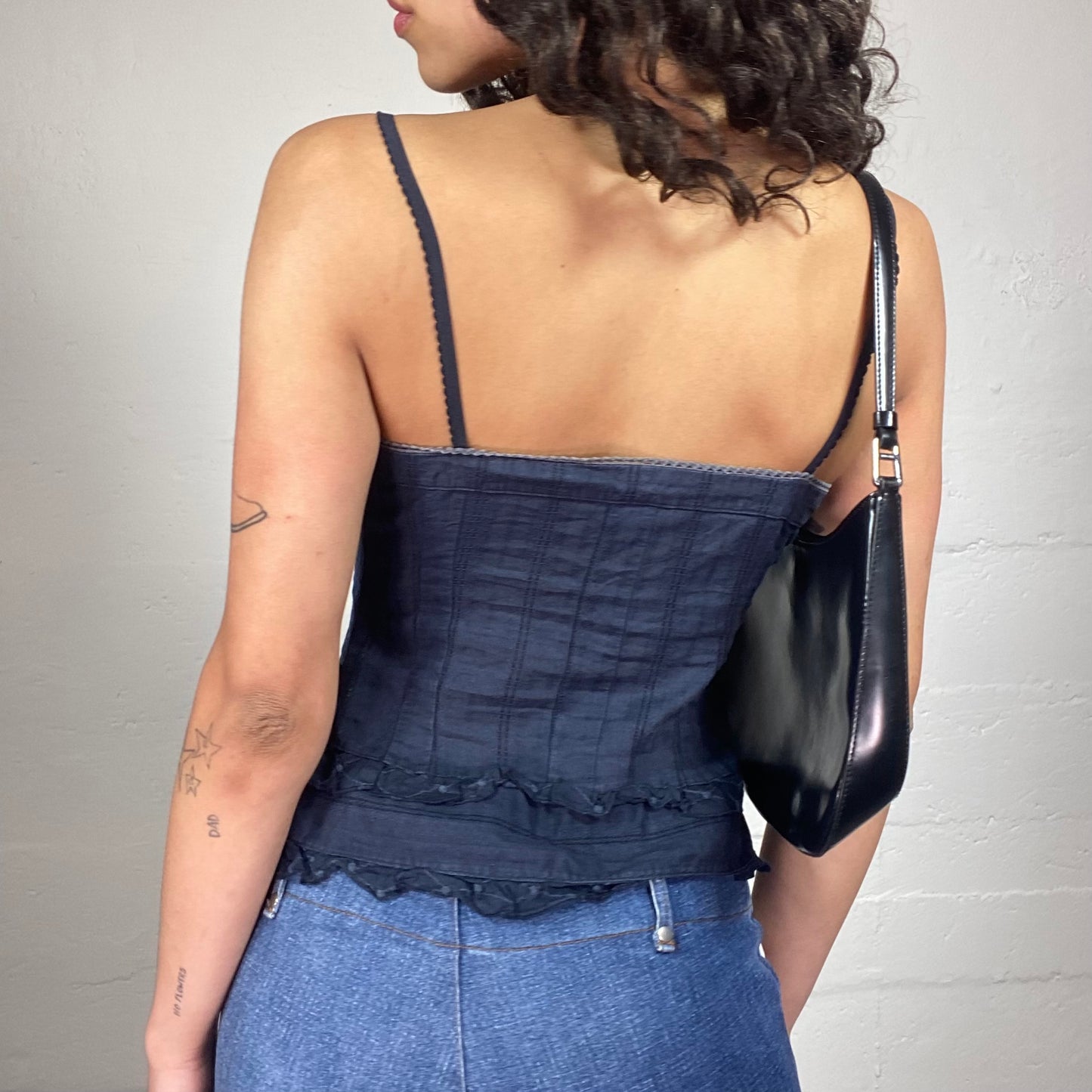 Vintage 2000's Calvin Klein Sunday Date Navy Blue Corset Style Cami Top with Ruffled Details and Front Lace Up (S)