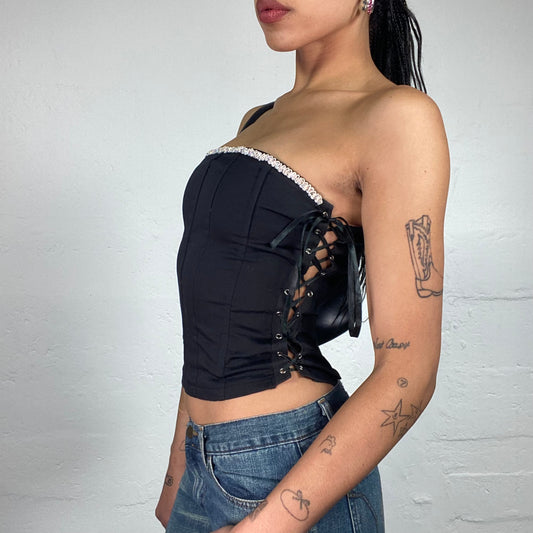 Vintage 2000's Coquette Black Corset Style Tube Top with Pink Trim and Side Lace Up (S)