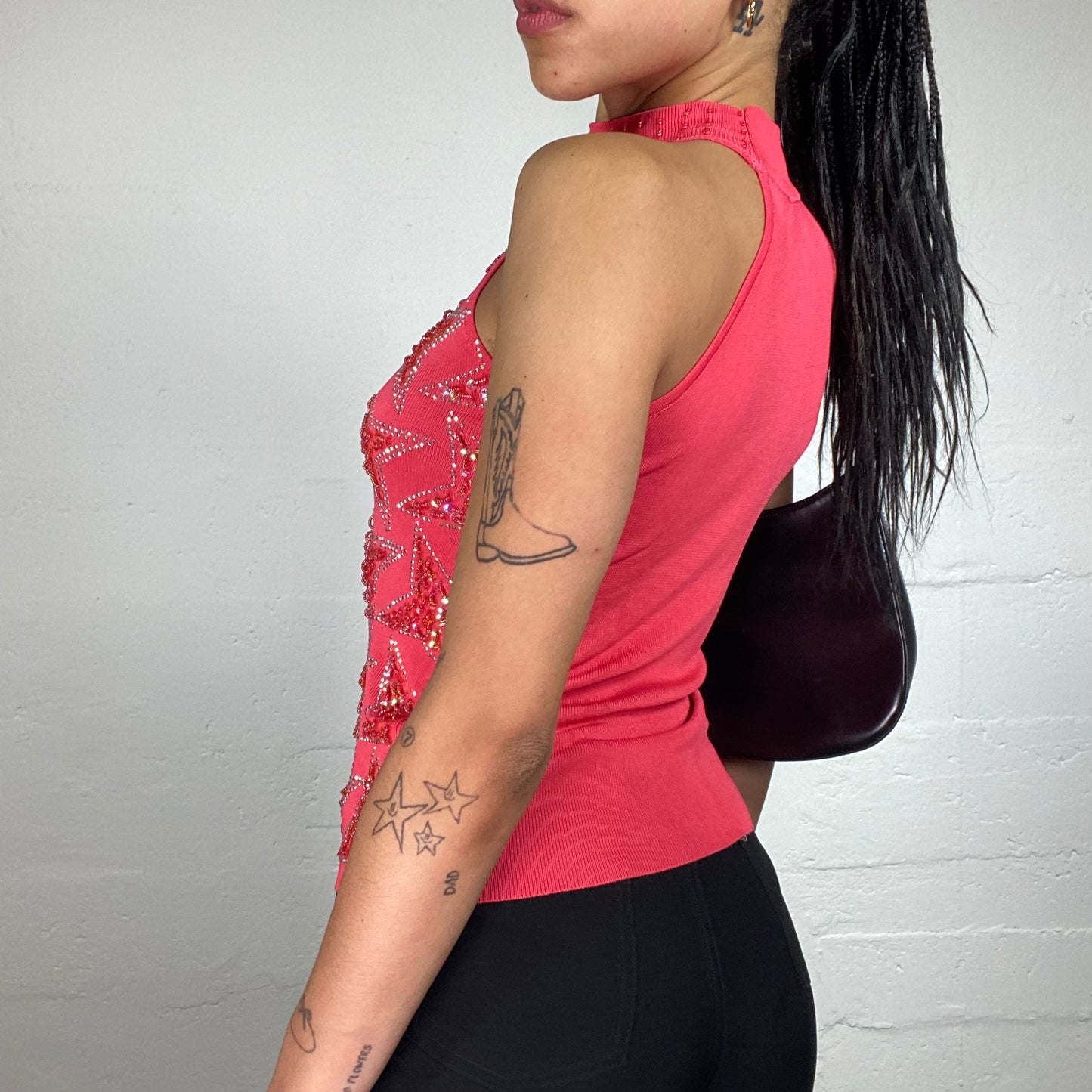 Vintage 2000's Funky Coral Red Turtleneck Jersey Top with Sequins and Rhinestone Stars Embroidery (S)