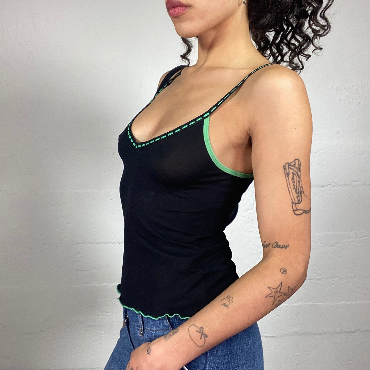 Vintage 2000's Casual Black Mesh Classic Cami Top with Lime Green Trim and Seaming (S)