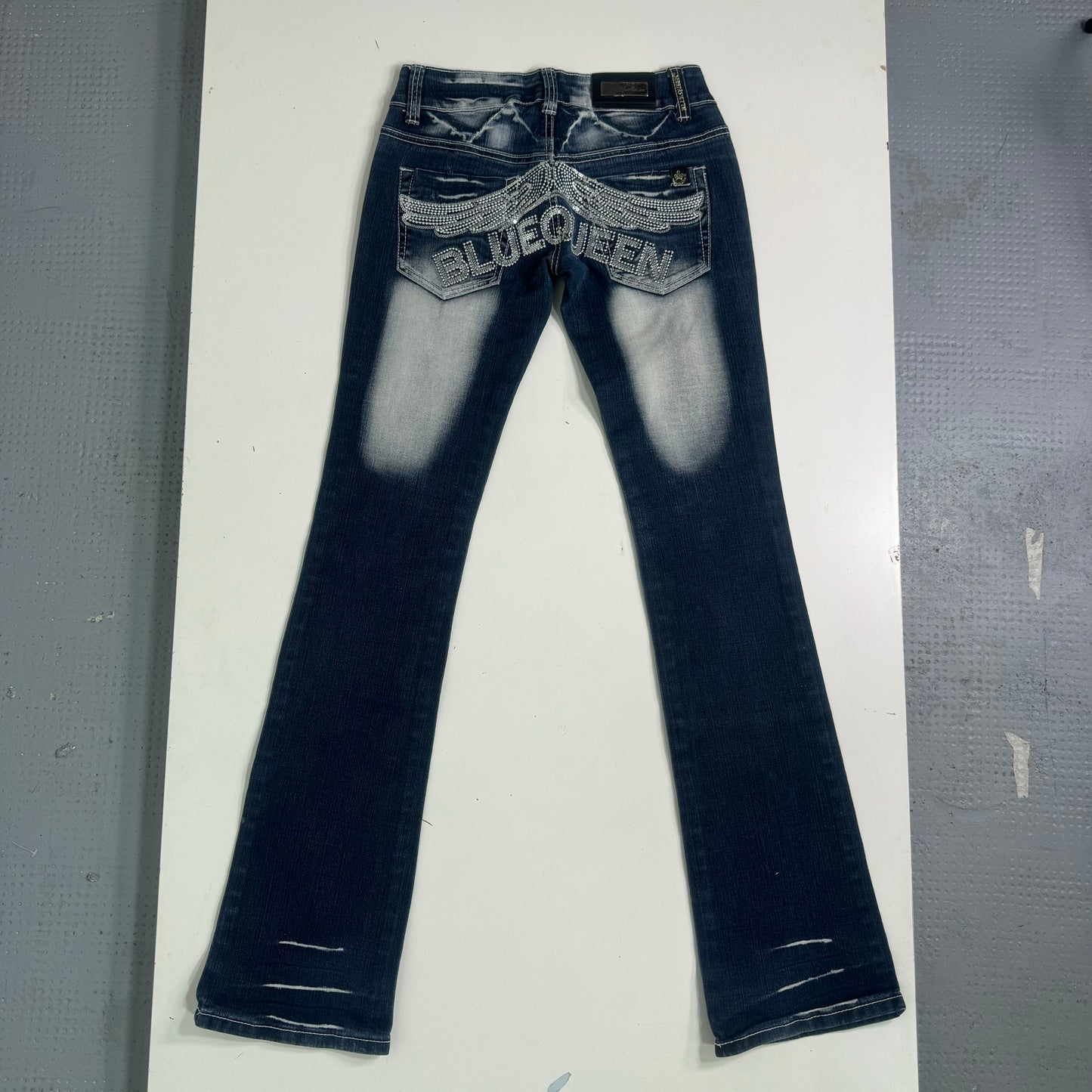 Vintage 2000's Britney Spears Dark Blue Denim Washed Off Effect Bootcut Jeans with Blue Queen Wings Sequins Decorated Embroidery (XS)