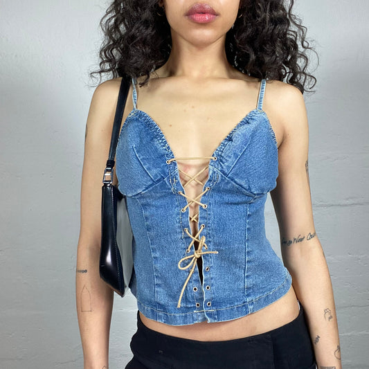 Vintage 2000's Downtown Girl Blue Denim Beige Lace Up Detail Top (M)