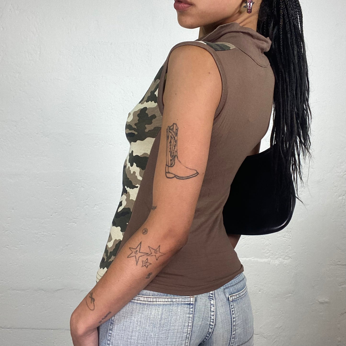 Vintage 2000’s Downtown Girl Khaki Toned Camo Print Tank Top with Collar (S)