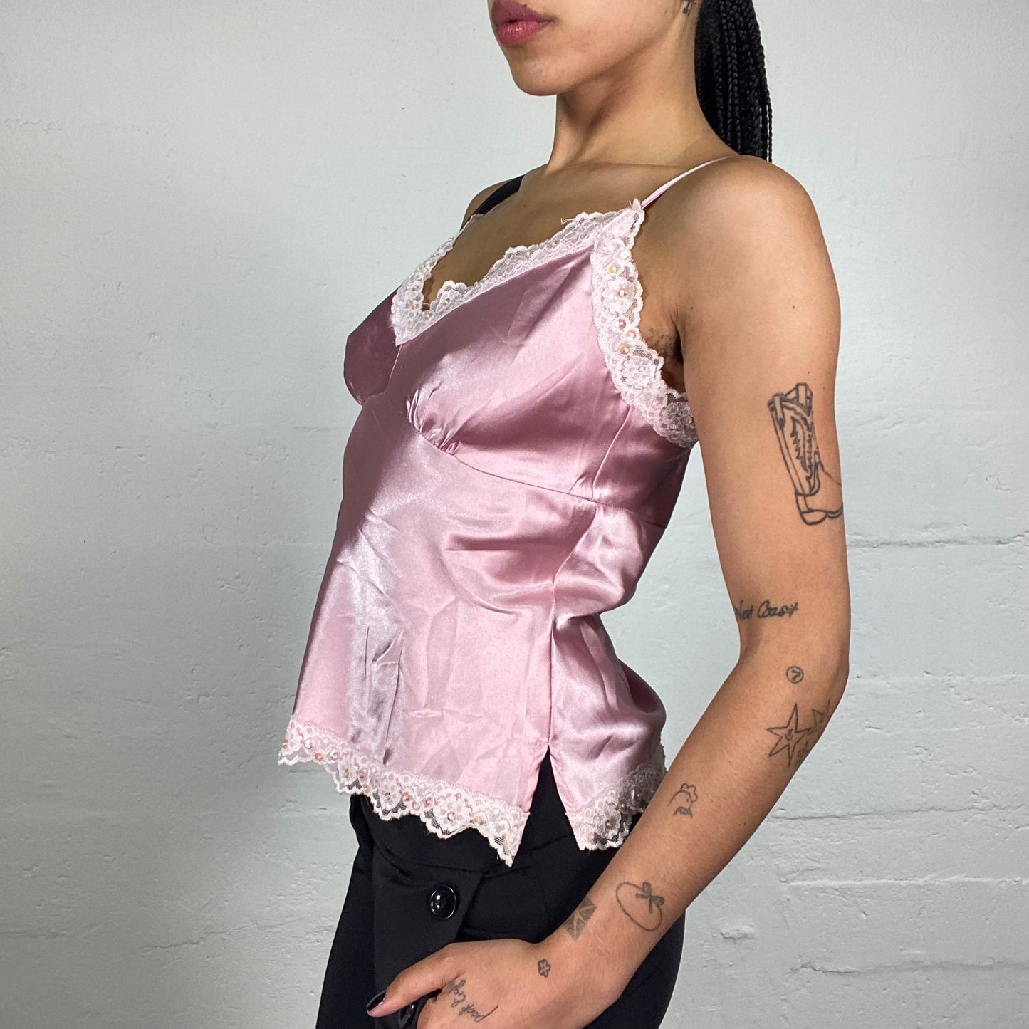 Vintage 2000's Soft Girl Satin Pink Cami Top with Lace Trim (S)