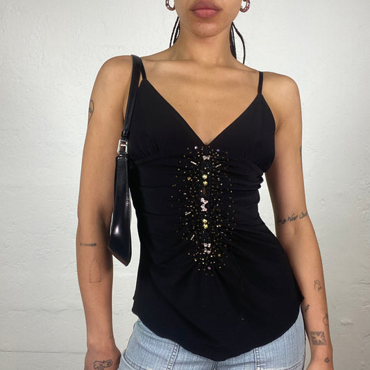 Vintage 2000’s Clubwear Black Jersey Cami Top with Brown and Beige Sequin Embroidery (S)
