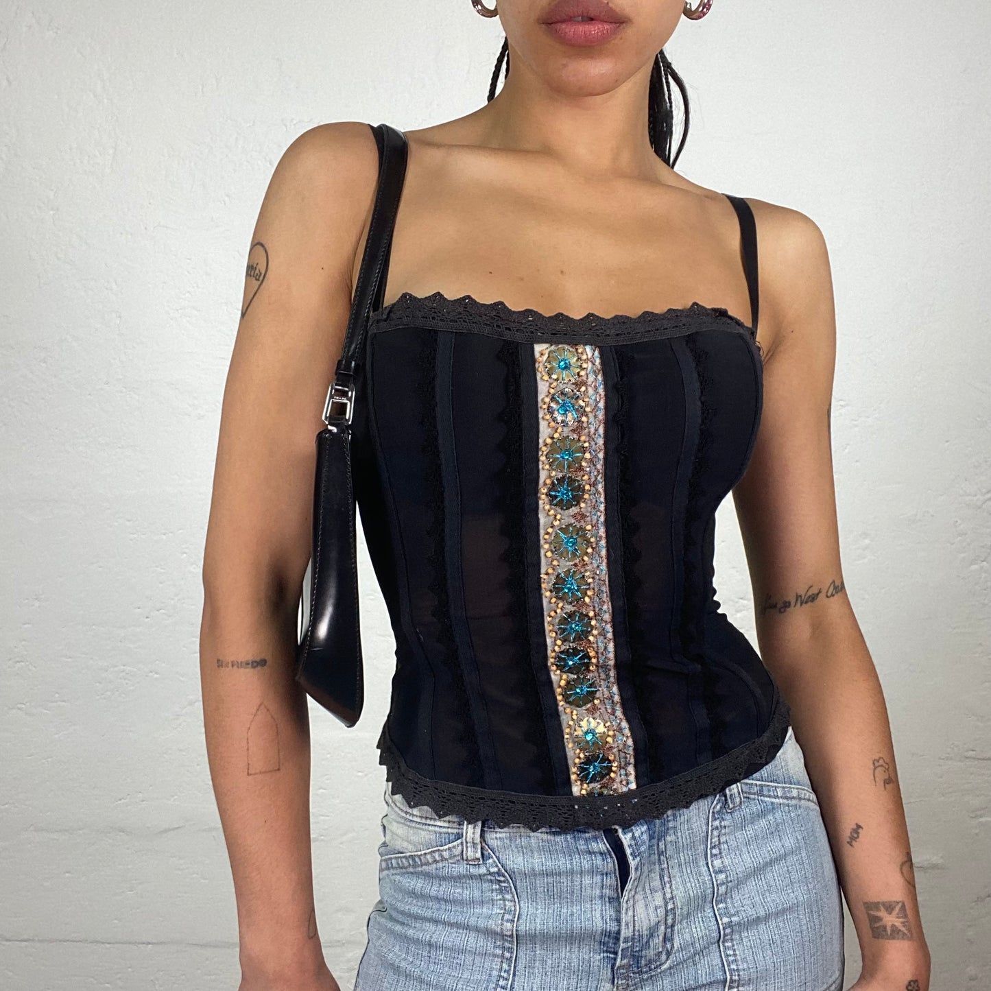 Vintage 2000’s Night Out Black Corset Top with Rhinestone Embroidered Stripe Detail (S)