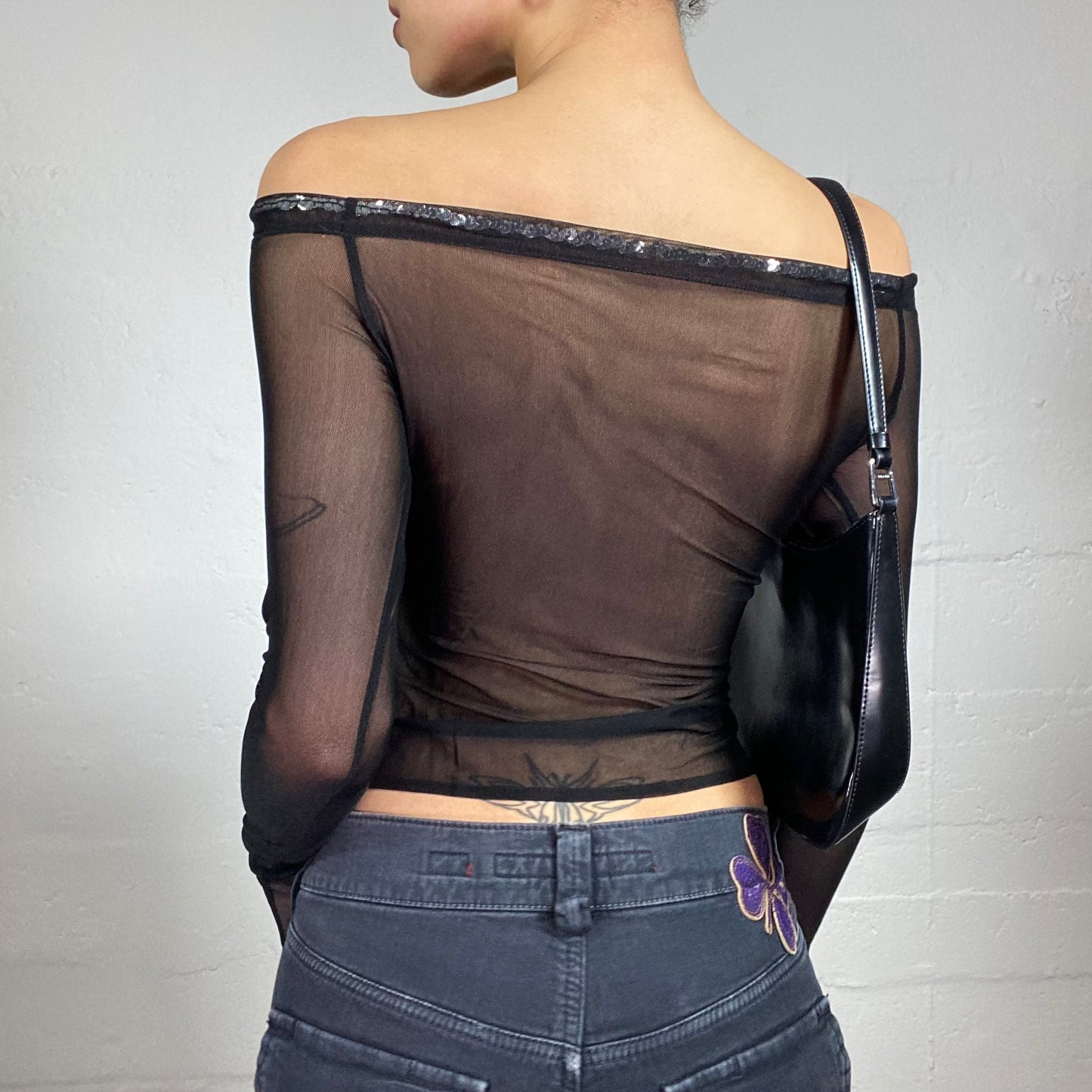 Vintage 2000's Grungy Black Mesh See-Through Off Shoulder Longsleeve Top (S)