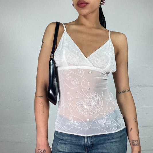 Vintage 2000's Romantic White Mesh Wrapped Bra See Through Cami Top with Matching Tone Embroidery (S)