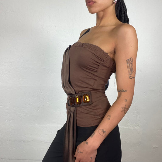 Vintage 2000’s Glamorous Cream Brown Tube Top with Satin Draped Piece and Gemstone Details (S)