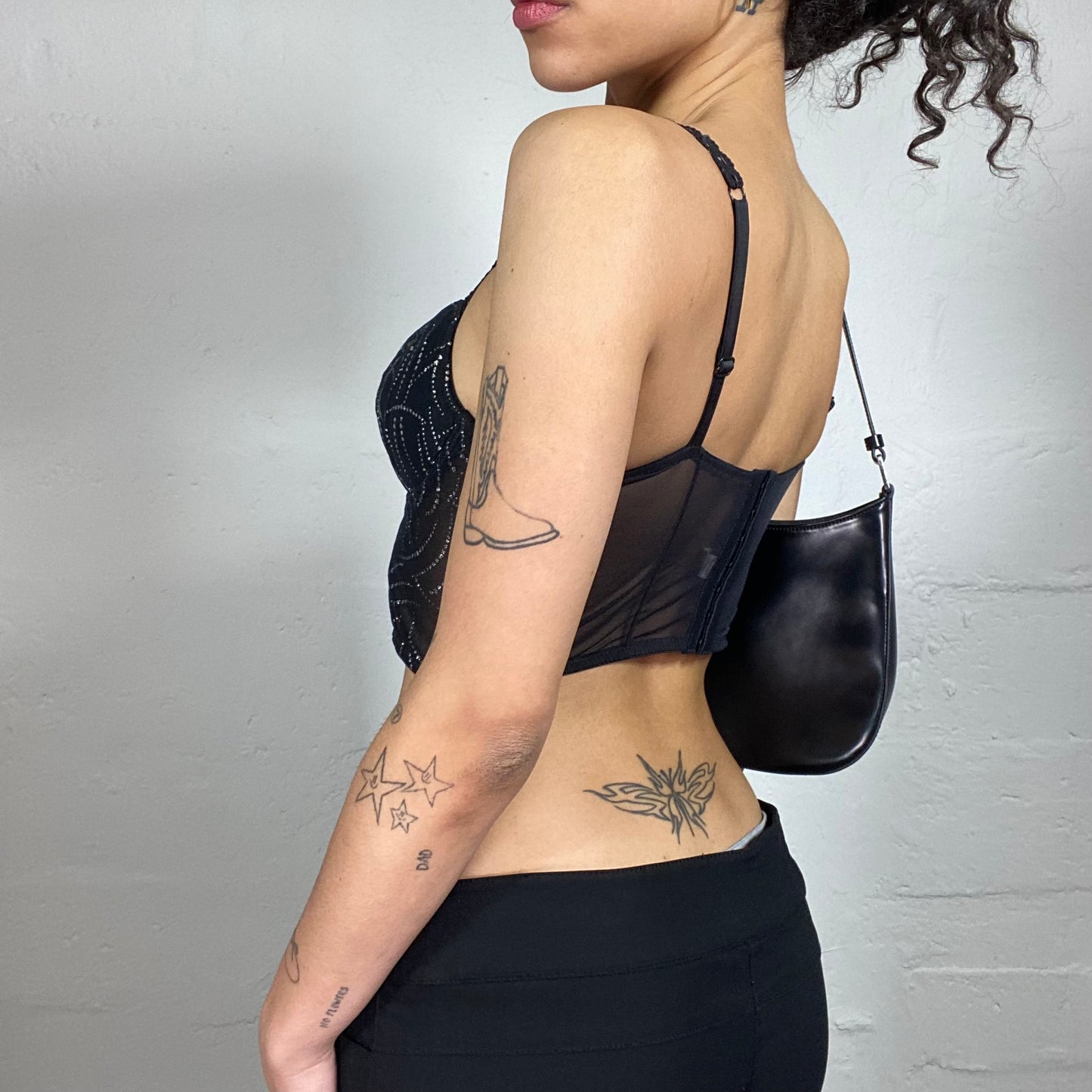 Vintage 2000's Clubwear Black Mesh Cropped Corset Top with Silver Print (S)